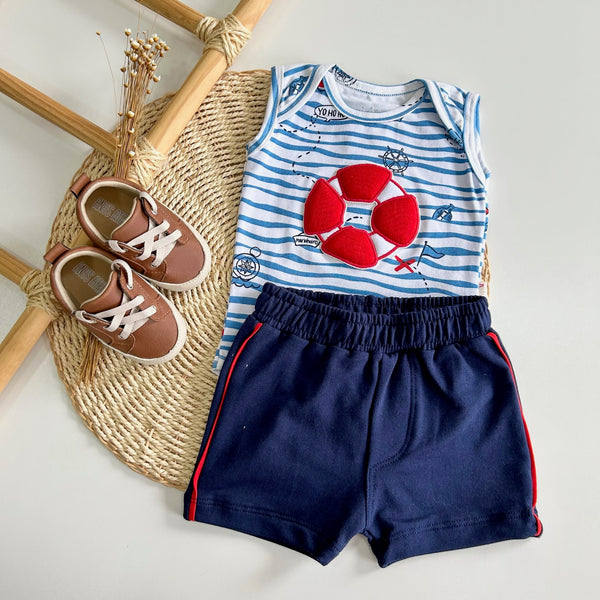 Conjunto Body Listrado Marinheiro e Shorts Azul  Marinho   -  NINI&BAMBINI