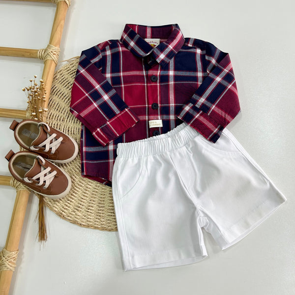 CONJUNTO CAMISA XADREZ VERMELHA  E BERMUDA BRANCA MASCULINO BEBE