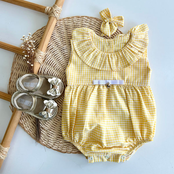 Romper Xadrez Amarelo com Gola Babado - Antonela
