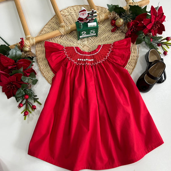 Vestido Infantil Casinha de Abelha Vermelho Lara Artesanal com Bordado à Mão-  Coleção Natal Encantando