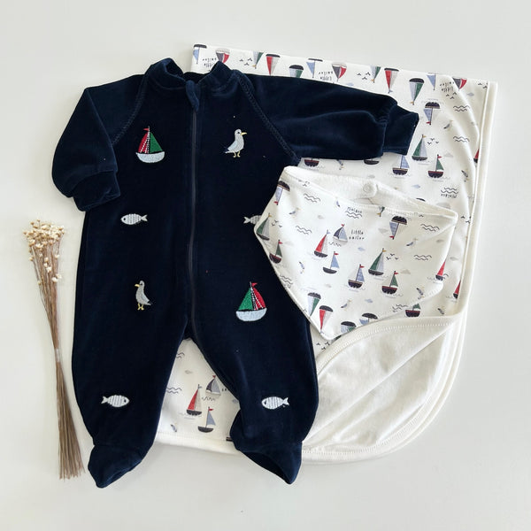Macacão Longo Plush Zíper Bordado Navy