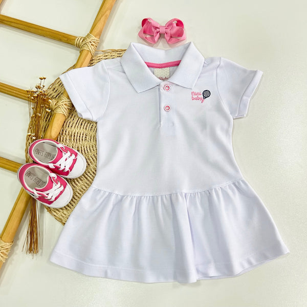 Vestido Gola Polo Branco com Bordado Rosa Delicado - NINI&BAMBINI