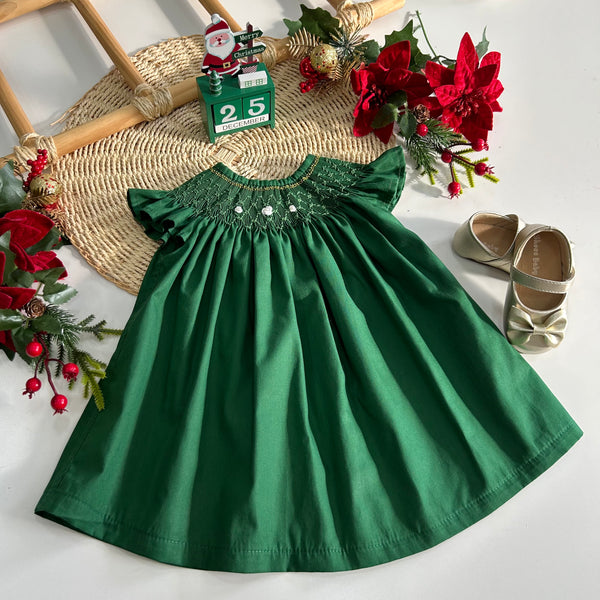 Vestido Infantil Casinha de Abelha Verde Ana Artesanal  com Bordado à Mão-  Coleção Natal Encantado