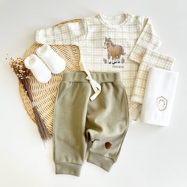 Conjunto Body Xadrez e Calça Algodão Egípcio e Tricot - Cavalinhos