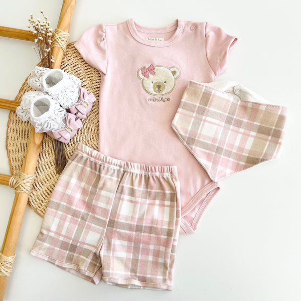 Conjunto Body Ursinha e Short Xadrez Rosa - Brinquedos
