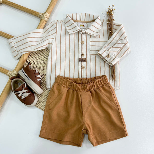 Conjunto Camisa Listrada e Short Nude Caramelo Bebê Menino - NINI&BAMBINI