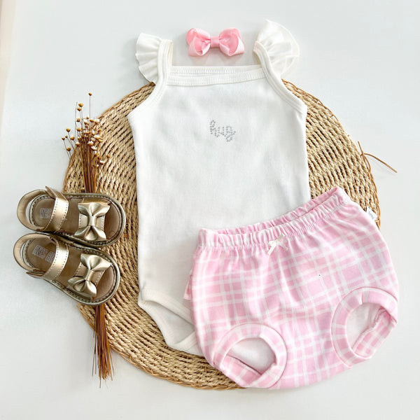 Conjunto Body Regata e Tapa Fralda Rosa Xadrez Babadinho