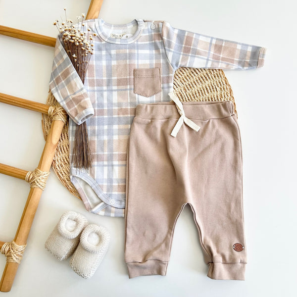 Conjunto Body Manga Longa Xadrez Bolso e Calça  Brinquedos