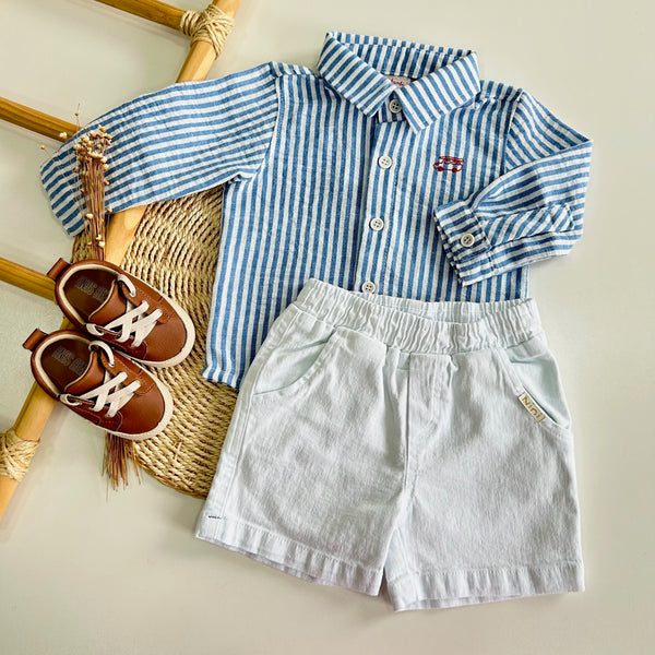 Conjunto Camisa Manga Longa Listras Azul e Shorts Branco   - NINI&BAMBINI