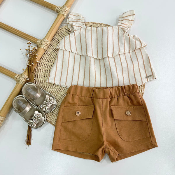 Conjunto Blusa Listrada e Short Caramelo Bebê Menina - NINI&BAMBINI