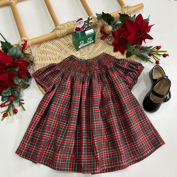 Vestido Infantil Casinha de Abelha Xadrez  Ceci com Bordado à Mão-  Coleção Natal Encantado