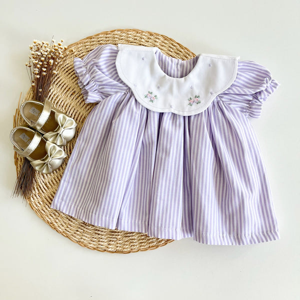 Vestido Gola Delicada Listras Rosê - Beatriz