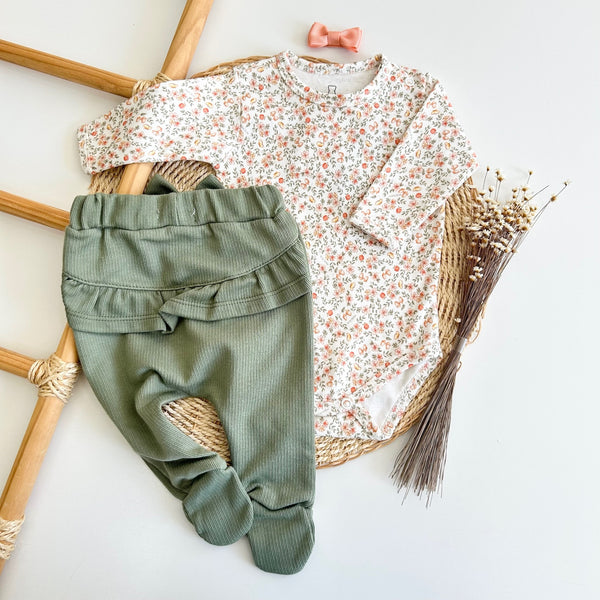 Conjunto Body Manga Longa e Calça Verde Babado - Bosque