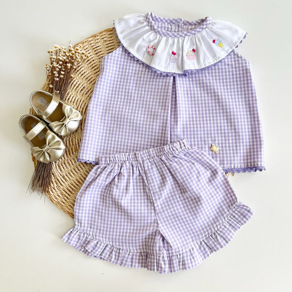 Conjunto Bata Regata e Short Xadrez Lilás Cupcakes - Laura