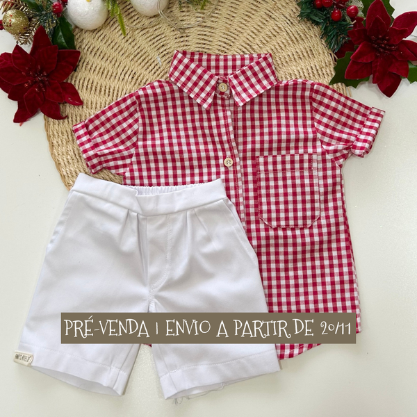 Conjunto Camisa Sonho Dourado Xadrez Vermelho | Coleção Magia