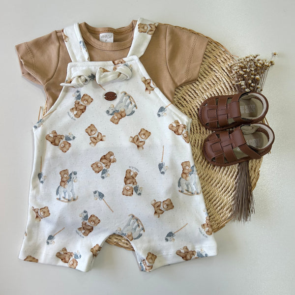 Conjunto Body Manga Curta e Jardineira Amarração - Ursinho e Cavalinho