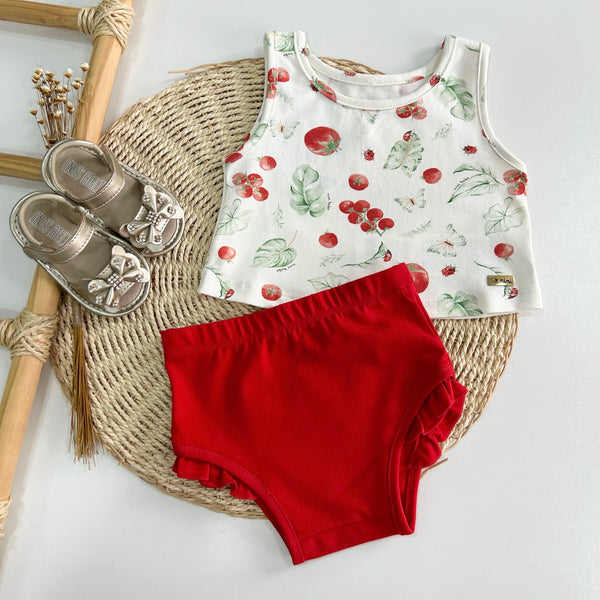 Conjunto Banho de Sol Cerejinha – Blusa Estampada e Tapa Fralda Vermelho