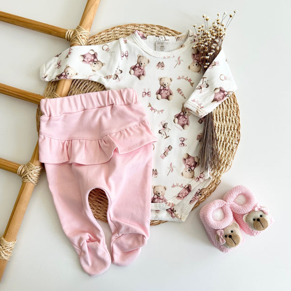 Conjunto Body Manga Longa Ursinha e Calça Rosa Babado - Brinquedos