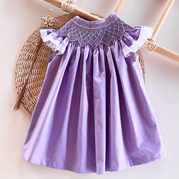 Vestido Infantil Casinha de Abelha Violeta Artesanal com Bordado à Mão- Coleção Esmeralda