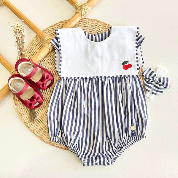 Romper Listras Marinho com Bordado Cerejinha - Maria Clara