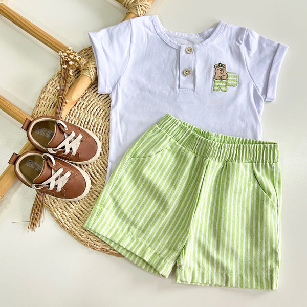 Conjunto Blusa Urso e Shorts LIstras Verde