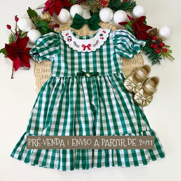 Vestido Sonho Dourado Xadrez Verde - Coleção Magia