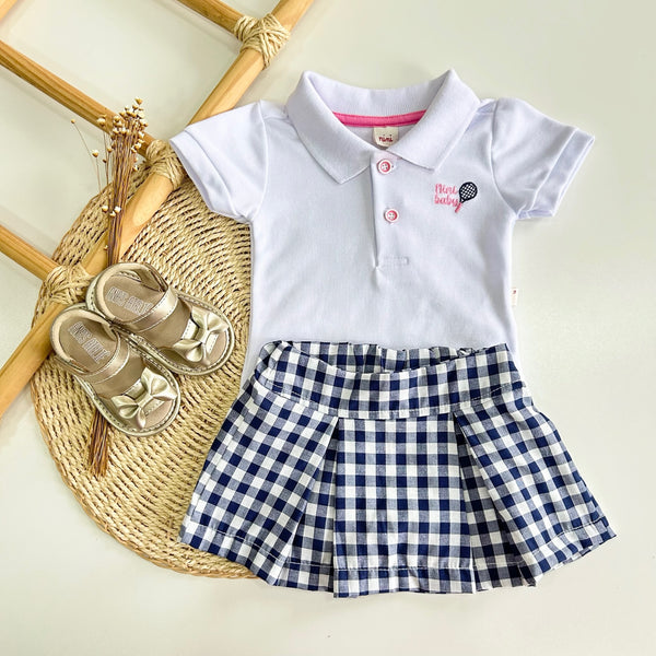 Conjunto Body Gola Polo Tênis e Saia Azul Xadrez