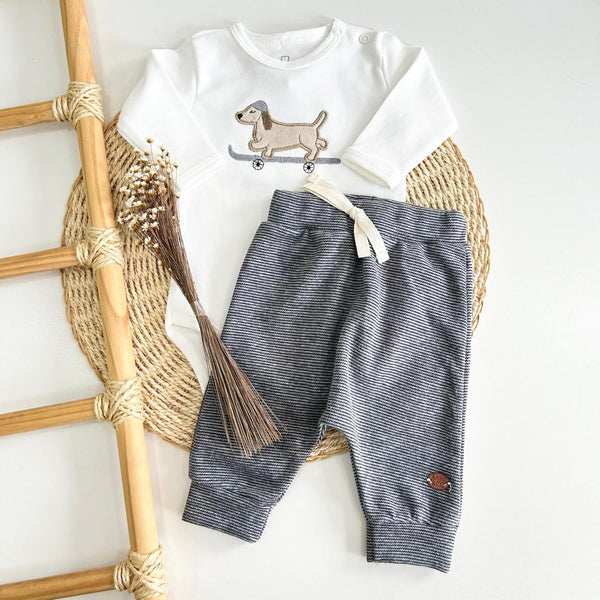 Conjunto Body Cachorrinho no Patins e Calça Listras Marinho - Mini&CO