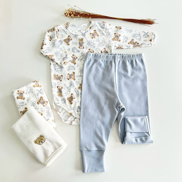 Conjunto Body Manga Longa Urso e Calça Azul para Bebês Meninos em Algodão Egípcio MINI&CO