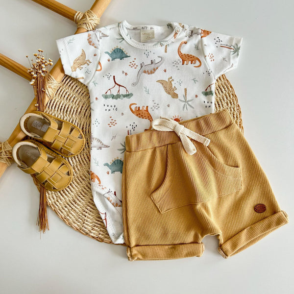 Conjunto Body e Short Dino Bolso Canguru Bebê Menino Mini&Co