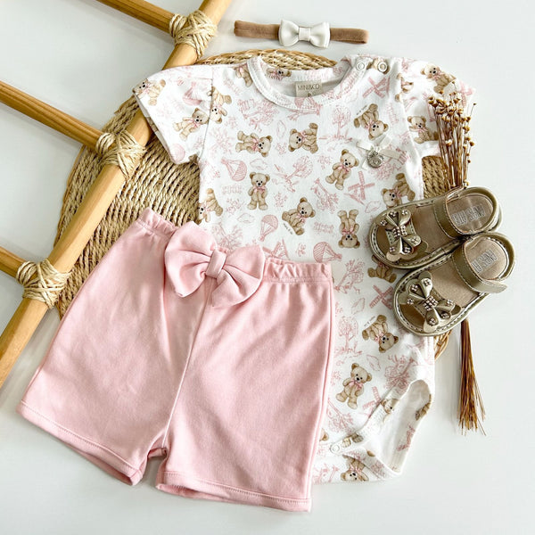 Conjunto Body e Short Algodão Egípcio Ursa Rosa Bebê Menina Mini&Co