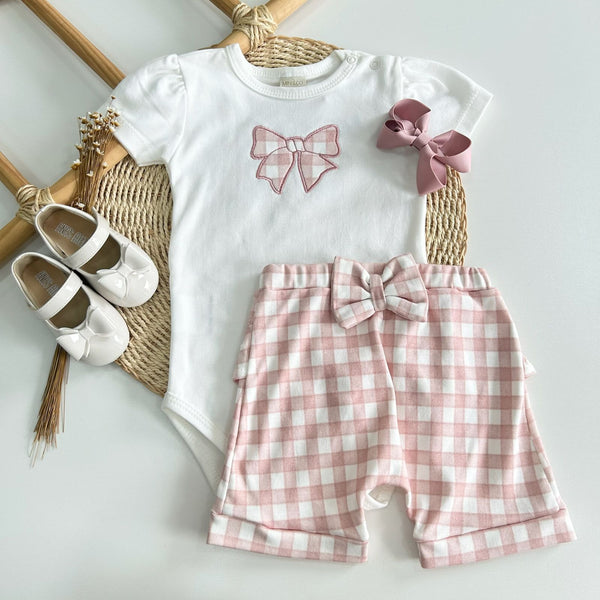 Conjunto Body e Short Algodão Egípcio Xadrez Rosa Bebê Menina Mini&Co