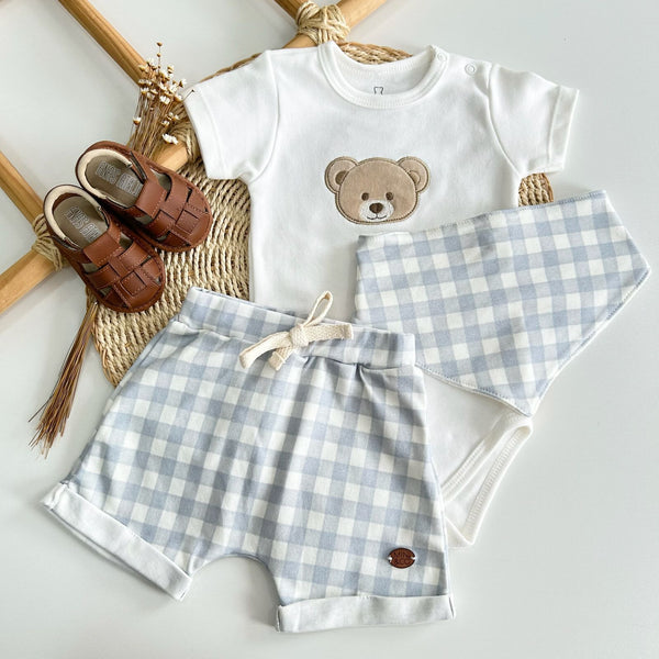 Conjunto Body e Short Urso Xadrez Bebê Menino Mini&Co